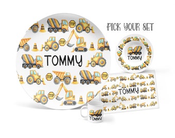 Personalized Construction Plate Set, Dump Truck, Bulldozer, Diggers, Plate, Bowl Mug, Placemat, Children's Plate, Custom Polymer Kids Plate