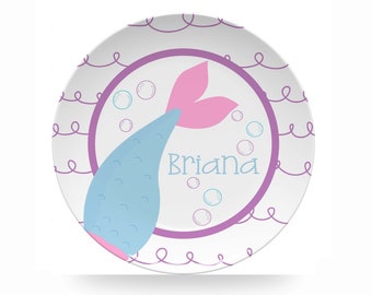 Personalized Mermaid Plate, 10" Polymer Kids Plate, Option for Plate, Bowl, or Set