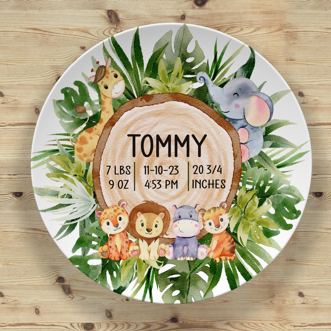 Safari Animals Birth Stat Personalized Plate for Baby, Personalized