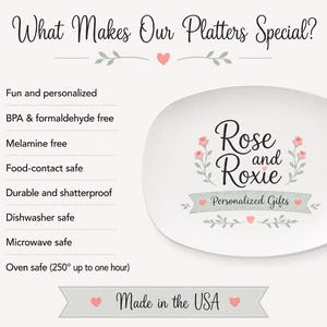 The image is a promotional graphic for Rose and Roxie, a company that specializes in personalized gifts. The graphic highlights the company's unique offerings, such as their fun and personalized designs, BPA and formalehyde-free products, and their commitment to using environmentally friendly materials. The company's logo is prominently displayed, and the text "Made in the USA" reinforces the company's American manufacturing origin.