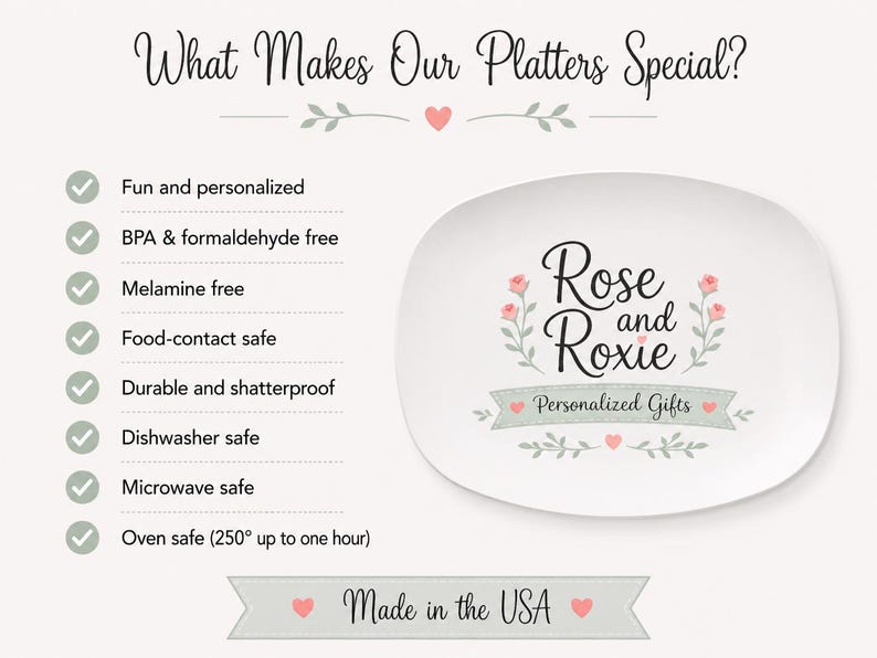 The image is a promotional graphic for Rose and Roxie, a company that specializes in personalized gifts. The graphic highlights the company's unique offerings, such as their fun and personalized designs, BPA and formalehyde-free products, and their commitment to using environmentally friendly materials. The company's logo is prominently displayed, and the text "Made in the USA" reinforces the company's American manufacturing origin.
