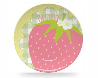 Personalized Strawberry Plate, Summer 10" Polymer Kids Plate, Option for Plate, Bowl, or Set
