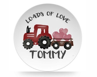 Personalized Valentine Plate with a Red Tractor and Pink Hearts for Kids