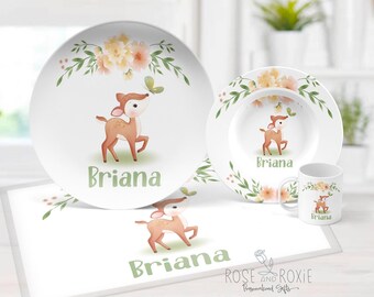 Personalized Deer Floral Plate, Forest Animls Polymer Plastic Kids Dinnerware,