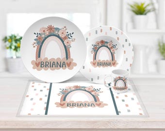Personalized Rainbow Plate, Melamine Free Polymer Kids Custom Dinnerware, Choose your Child's Mealtime Set