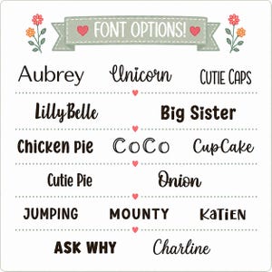 a collection of various font options, including names like Aubrey, unicorn, and Cutie Caps, as well as other words like Lily Belle, Big Sister, Chicken Pie, Coconut, Cupcake, Onion, Jumping, Mounty, Katien, and Ask Why.