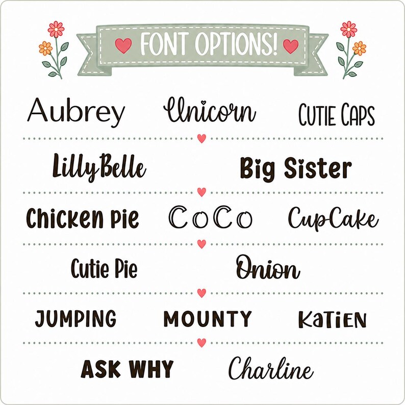 a collection of various font options, including names like Aubrey, unicorn, and Cutie Caps, as well as other words like Lily Belle, Big Sister, Chicken Pie, Coconut, Cupcake, Onion, Jumping, Mounty, Katien, and Ask Why.