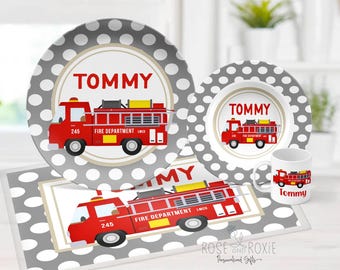 Personalized Fire Truck Plate, 10&quot; Polymer Kids Plate, Option for Plate, Bowl, or Set