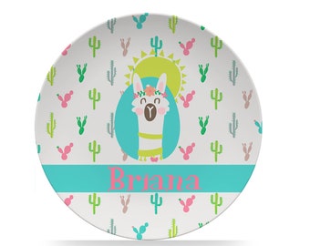 Personalized Llama Plate, Boho Cactus Alpaca 10" Polymer Kids Plate, Option for Plate, Bowl, or Set