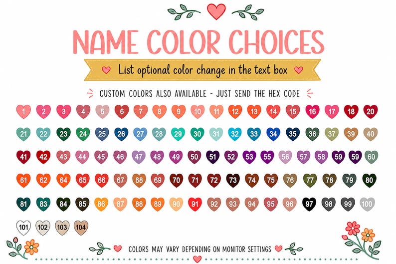 a color selection tool with a variety of heart-shaped colors available for use. The tool allows users to change the text box's color by sending a hex code. The colors are organized in a grid format, with each row representing a different color and each column representing a different color. The tool also provides a list of custom colors that can be sent as hex codes. The image is a collage of multiple images, and the text is limited to 500 characters, avoiding redundancy and ensuring clarity.