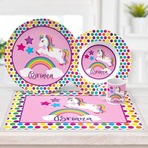 Personalized rainbow unicorn kids dinnerware with option for plate, bowl, mug, or complete set