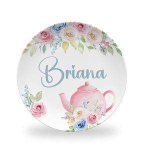 Floral Teapot Personalized Plate,  10&quot; Polymer Kids Pink Rose Plate, Option for Plate, Bowl, Placemat or Set, Polymer Plastic, Tea Party
