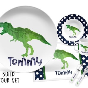Personalized Dinosaur Plate, T-Rex 10&quot; Polymer Kids Plate, Build Your Set Options for Plate, Bowl, Placemat, Spoon and Fork with Name