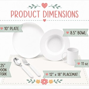 a set of white dinnerware, including a 10-plate set, a 8.5-bowl set, a 5.25-inch fork and spoon set, a 12-inch to 18-inch placemat, and a mug. The text provides dimensions and features of the items, such as the plate size, bowl size, and the size of the placemat and mug.