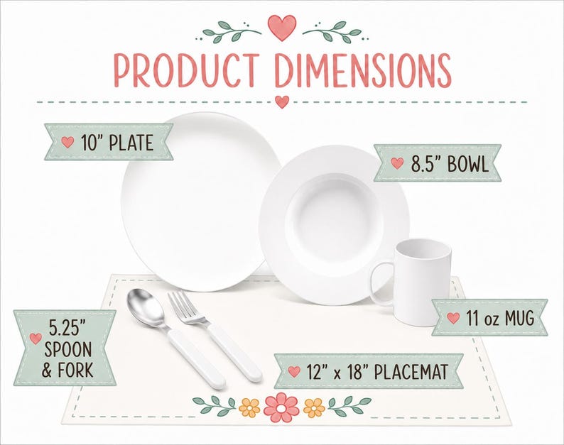 a set of white dinnerware, including a 10-plate set, a 8.5-bowl set, a 5.25-inch fork and spoon set, a 12-inch to 18-inch placemat, and a mug. The text provides dimensions and features of the items, such as the plate size, bowl size, and the size of the placemat and mug.