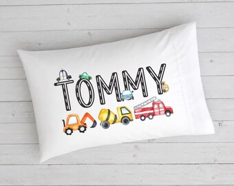 Transportation Car Personalized Pillowcase with Name, Custom Vehicle Pillow Case with Diggers and Firetruck