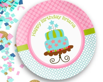 Birthday Personalized Plate, Preppy Cake  Dinnerware with Name for Children, Custom Birthday Plate, Matching Bowl Available