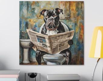 Frameless Canvas Print, Poopin' American Bulldog, Pitbull, 30x30, 24x24, 20x20, 16x16, Bathroom Picture, Bathroom Art