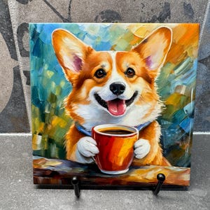 May include: A painting of a corgi dog holding a red coffee mug with brown liquid inside. The dog is smiling and wearing a blue collar. The background is a colourful abstract painting.