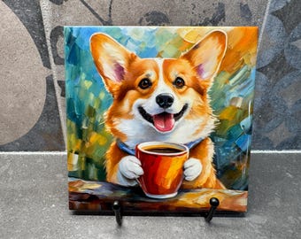 Corgi Drinking Coffee Ceramic Tile Trivet For Hot Dishes/Coaster – 6x6 Handmade Kitchen Decor, Gift for Dog Lovers, Made in USA