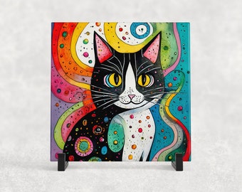 Colorful Tuxedo Cat Trivet. Black and White Cat Trivet. Hot Plate. 6"x6" Trivet. Cat Coaster. Tuxedo Cat Decor. Black and White Cat Decor.