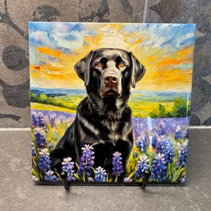 Black Labrador Retriever in Bluebonnets Ceramic Tile Trivet For Hot Dishes/Coaster – 6x6 Handmade Kitchen Decor, Gift for Dog Lovers