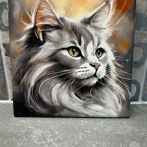 May include: A close-up portrait of a gray and white cat with green eyes. The cat has long, fluffy fur and is looking to the right. The background is a blurred, abstract painting of yellow, orange, and brown colors.