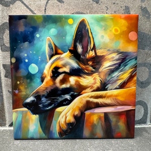May include: A colorful painting of a German Shepherd dog sleeping on a colorful surface. The dog's fur is brown and black, and its eyes are closed. The background is a blur of colors, including blue, green, and yellow.