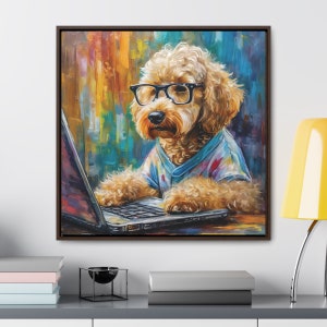 May include: A painting of a brown poodle wearing glasses and a blue shirt, sitting at a laptop computer. The background is a colorful abstract design.