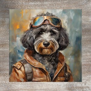 May include: A black and white dog wearing a brown leather jacket and aviator goggles. The dog is painted in a realistic style with a blurred background.