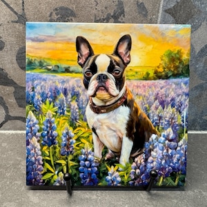 Boston Terrier in Bluebonnets Ceramic Tile Trivet For Hot Dishes/Coaster – 6x6 Handmade Kitchen Decor, Gift for Dog Lovers, Made in USA