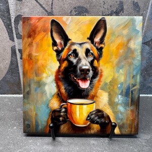 Belgian Malinois Drinking Coffee Ceramic Tile Trivet For Hot Dishes/Coaster – 6x6 Handmade Kitchen Decor, Gift for Dog Lovers, Made in USA