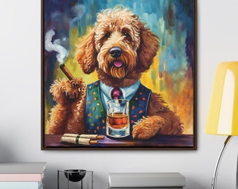 Framed Canvas Print Wall Art Scotch and Cigar Goldendoodle, 30x30, 24x24, 20x20, 16x16, Walnut and Black Frame, Goldendoodle Art