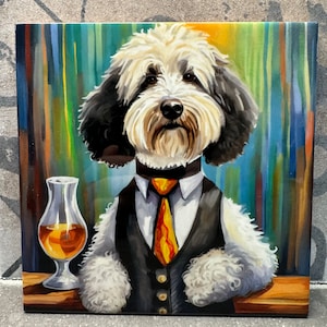 May include: A white and black dog wearing a black suit and a yellow and red tie, sitting at a bar with a glass of amber liquid. The dog is looking at the viewer with a serious expression.