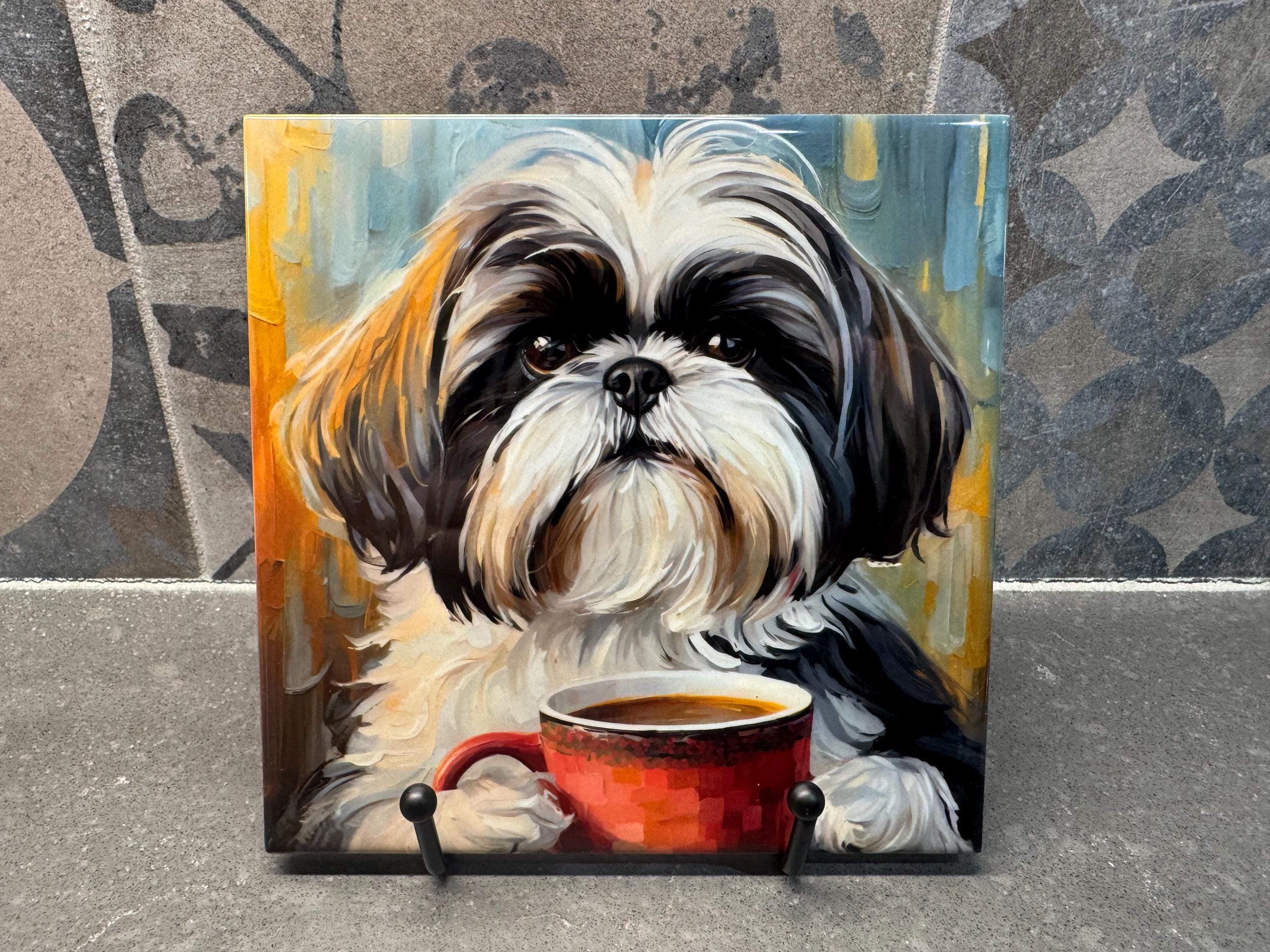 その他 NATAL DESIGN READYMADE ROMANTIC TRIVET 2 Designs! Shih Tzu Drinking Coffee Ceramic Tile Trivet for Hot