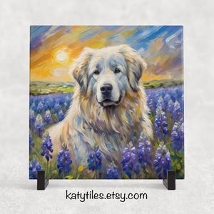Pyrenees in Bluebonnets Ceramic Tile Trivet For Hot Dishes/Coaster – 6x6 Handmade Kitchen Decor, Gift for Dog Lovers, Made in USA