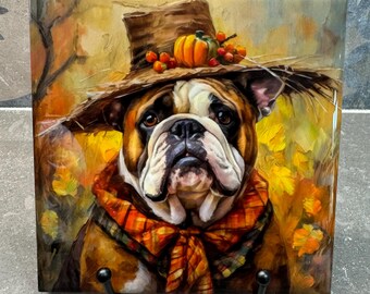 Salvamanteles con diseño de bulldog espantapájaros otoñal para platos calientes, posavasos con diseño de azulejos, agarradera personalizada, regalo para amantes de los bulldog