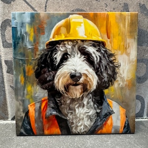 May include: A black and white dog wearing a yellow hard hat and an orange safety vest. The dog is painted in a realistic style against a colorful background.