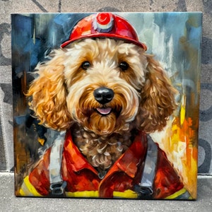 May include: A brown and white dog wearing a red firefighter's uniform with a yellow stripe. The dog is wearing a red hat with a yellow circle on top. The background is a blurred painting of a fire scene.