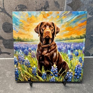 Chocolate Labrador Retriever in Bluebonnets Ceramic Tile Trivet For Hot Dishes/Coaster – 6x6 Handmade Kitchen Decor, Gift for Dog Lovers