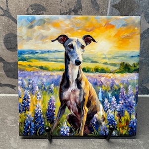 Greyhound in Bluebonnets Ceramic Tile Trivet For Hot Dishes/Coaster – 6x6 Handmade Kitchen Decor, Gift for Dog Lovers, Made in USA