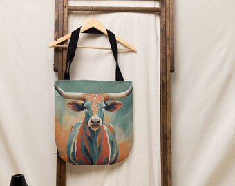 Texas Long Horn Tote Bag, Bag, Canvas Bag, Tote Bag, Reusable Bag, Shopping Bag, Purse, Gift For Her, Gift For Texas Lovers, Texas Gift