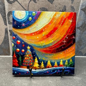 May include: A colorful painting of a Christmas tree with ornaments and a starry night sky. The tree is surrounded by smaller trees and the sky is filled with swirling colors.