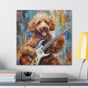 May include: A painting of a brown poodle playing an electric guitar. The poodle is smiling and has its tongue sticking out. The background is a colorful abstract design.