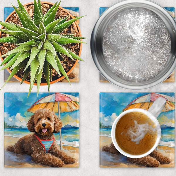 Beach Theme Goldendoodle Trivet for Hot Dishes. Ceramic Tile Art Gift for Dog Lovers. Gift for Doodle Mom or Dad. Dog Artwork Tropical Theme