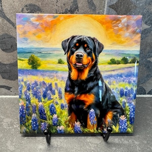 Rottweiler in Bluebonnets Ceramic Tile Trivet For Hot Dishes/Coaster – 6x6 Handmade Kitchen Decor, Gift for Dog Lovers, Made in USA