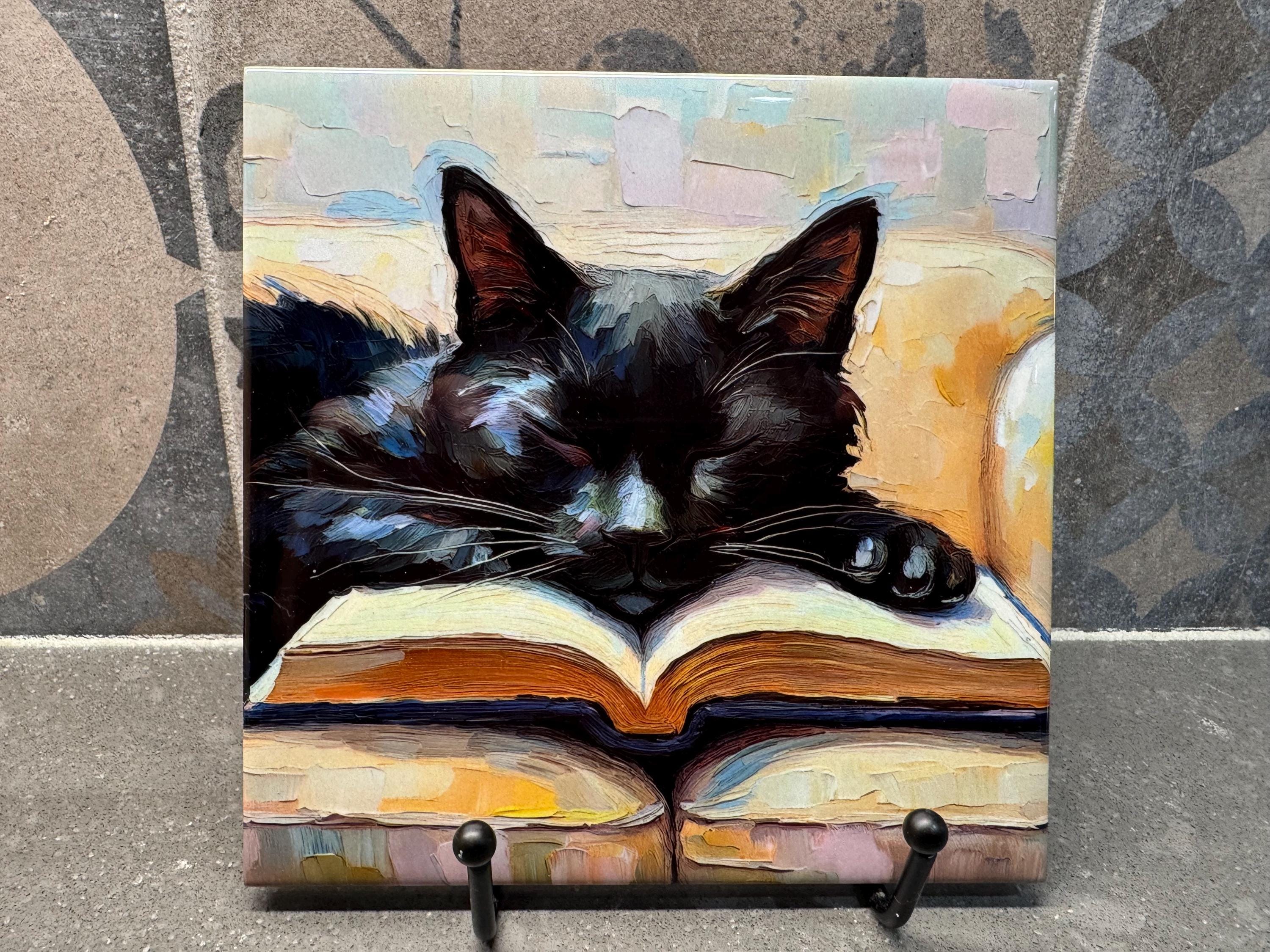 Black Cat Sleeping on Book Ceramic Tile Trivet/coaster – 6x6
