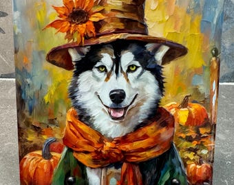 Salvamanteles con diseño de husky espantapájaros otoñal para platos calientes, posavasos con diseño de azulejos, agarradera personalizada, regalo para amantes de los huskies