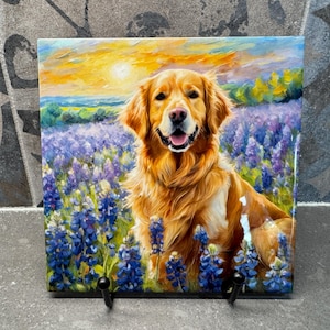 Golden Retriever in Bluebonnets Ceramic Tile Trivet For Hot Dishes/Coaster – 6x6 Handmade Kitchen Decor, Gift for Dog Lovers, Made in USA