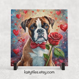 May include: A painting of a brown and white boxer dog wearing a red bow tie and holding a red rose. The background is a light blue with red hearts.